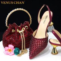 Venus Chan Spitzschuh-Absätze für Damen, 2023, elegante Party, Weinfarbe, voller Diamanten, Pumps, italienische Schuhe und Taschen, passendes Set