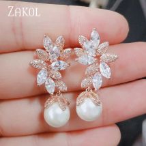 ZAKOL Mode Rose Gold Farbe Perlen Tropfen Ohrringe Für Frauen Exquisite Zirkon Blatt Weibliche Hochzeit Schmuck