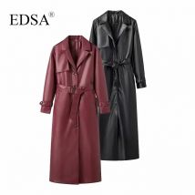EDSA Cappotto da donna in ecopelle di lusso con cintura per capispalla vintage con giacca a vento lunga allentata autunno inverno
