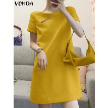 VONDA 2024 sommer Frauen Einfarbig Mini Kleid Casual O Hals Kurzarm Weibliche Kurze Kleider Party Crew Neck Shirt Vestidos