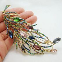 Berühmte Marke Design Luxuriöse Retro Design Lange Feder Brosche Pin Multi-farbe Strass Kristall Frau Schmuck Geschenke für Mädchen