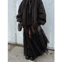 2024 Summer Autumn Women Sexy Lace Skirts Solid High Waist Flare Long Maxi Skirt For Women