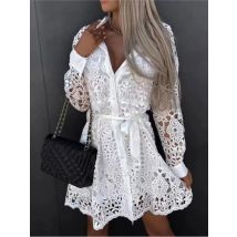 Für Frauen Hemd Weißes Kleid Neue Herbst Mode Elegante Heraus Spitze Spitze Up Vintage Frau Langarm Casual Kleider Frauen Kleidung