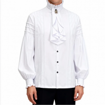 Weißes Baumwoll-Rüschen-Stehkragen mit langen Laternenärmeln, Piraten-Cosplay, viktorianisches Herrenhemd, mittelalterliche Kleidung, Gothic-Vintage-Top