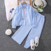 2025 frühling Herbst Teen Mädchen Kleidung Set Streifen Langarm-shirt + Breite Bein Hosen 3 Stücke Anzug Für 6-13 Jahre Kinder Mode Outfit