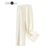30 mm schwere, natürliche Maulbeerseide, beige, elastische Taille, lässig, vielseitig, modische Damenhose mit weitem Bein