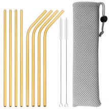 11Pcs Wiederverwendbare Stroh Set Edelstahl Stroh Gold Gerade Gebogen Trinkhalm Mit Tasche Reinigung Pinsel Home Bar Zubehör