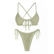 ZAFUL Damen-Spaghettiträger, überkreuzte Krawatte, Ausschnitt, Fischnetz, Muscheldekor, sternförmige Krawatte, seitlicher Tanga-String, zweiteiliger Bikini-Swi