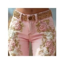 Romantic Pink Rose Flower Print Jeans Vintage Elegant Buttoned Women's Pants Autumn High Waist Slim Chic Trousers Harajuku Mujer