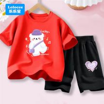 Sommer-Sportset für Kinder, T-Shirt mit Lucky Bear-Print + Herz-Shorts, modisches Outfit für Kinder