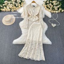 Sommer Herbst Spitze Lange Kleider Stickerei Zwei Stück Set Frauen Diamanten Jacken Midi Röcke Anzüge Abend Party 2 stücke Outfits