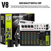 Debra Audio Mixer DJ Konsole V8 8 Kanal 48 V Phantomspeisung USB DJ Konsole mit Soundkarte für PC Aufnahme Singen