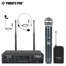 Phenyx Pro Sistema con micrófono inalámbrico inalámbrico de doble canal con portátil/mochila/auriculares/repos, función de bloqueo de escaneo automático 100M