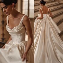Elegant Pearls A-Line Wedding Dresses Spaghetti Straps Satin Bride Gowns Sexy Backless Bride Dress vestidos de novia de lujo