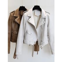 Ftlzz Frühling Herbst Frauen Faux Leder Jacke Dünne Streetwear Khaki Leder Mantel Biker Moto Jacke mit Gürtel Weibliche Oberbekleidung