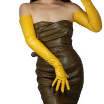 DooWay Women's Yellow Leather Gloves Faux Lambskin Leather for Costume Opera Show Fashion Evening Party  (Mustard Yellow 70cm)