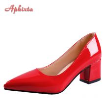 Aphixta 5 cm Quadratische Absätze Lackleder Rote Pumps Schuhe Frau Klassiker Spitzschuh Kleid Offizielle Pumps Party Plus Größe 49 50