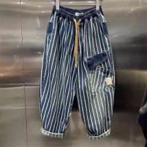 Große Größe 300 Pfund trendige vertikal gestreifte Arbeitskleidung Denim Herren Sommer elastischer Bund Neun-Punkt-Haremshose