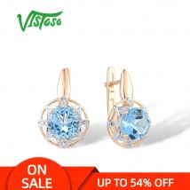 VISTOSO Echtem 14K 585 Rose Gold Ohrringe Für Frauen Funkelnde Blaue Topaz Diamant Klassische