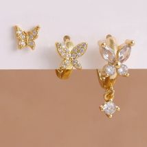 3PCS Elegant Butterfly CZ Charms Hoop Earrings Set For Women 14K Gold Plated Cubic Zirconia Huggie Cartilage Piercing Jewelry