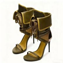 Army Green Cut Out Sandals Lace Up Stiletto Heels Ankle Strap Pumps Elegant Women Shoes Summer Sandalias De Mujer Verano
