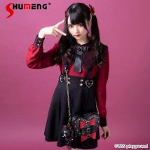 Japanische Süße Mine Stil Spitze Patchwork Navy Kragen Langarm Hohe Taille Herz Taste Schlank A-linie Plissee Kleid Frauen Sommer