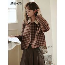 Mishhow Frauen Vintage Plaid Mantel Herbst Französisch Einreiher Rundhals ausschnitt Ernte Woll oberteile Büro Dame Oberbekleidung mxc48w0175