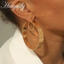 Haiyufly 30-100mm Custom Name Hoop Earrings Women Stainless Steel Jewelry Personalized Hollow Letter Mother Kids Birthday Gift