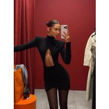 Sexy Hohl-out Plissee Mini Kleid Frauen Fashion Solid Halb Hohe Kragen Langarm Dünne Kleider Dame Party Club roben