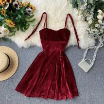 Women's Mini Party Dress French Retro Black Red Sling Velvet Dress New Waist Female Sexy Short Dresses HH193