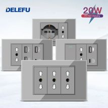 DELEFU Vetro temperato grigio Italia USB TypeC Presa a muro a ricarica rapida Schuko Tuya Wifi Smart Switch Sat TV Tel Campanello Cile