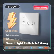 Tuya WiFi Smart Licht Schalter Glas Touch Control Feuerfest Kein Neutralleiter Erforderlich Fernbedienung Alexa Google Home Kompatibel