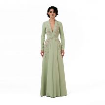 Salbeigrünes Abendkleid Maßgeschneidert mit Tiefem V-Ausschnitt und Langen Ärmeln für Damen 2026 Plissiertes A-Linien Formelles Kleid Lang