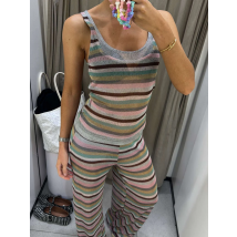 Gestricktes, gestreiftes 2-teiliges Set für Damen, schmale Passform, farbige Weste und Hose mit weitem Bein, langer Herbstanzug