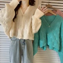 Frauen Weiche Süße Strickjacke Pullover Casual Faul Wind Lose Elegante Gestrickte Mantel Mode V-ausschnitt Adrette Kurze Tops