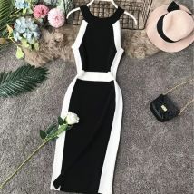 2024 Casual Frauen Kleid Gestrickte O Hals Ärmellose Weiße Streifen Seite Elegante Midi Kleider Bodycon Weibliche Vestidos