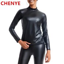 Frauen stehen Kragen Leder lange Ärmel Hemd Motorrad Biker Tops Body Shaper Taille Trainer schlanke T-Shirt Mode Shape wear Tops