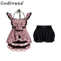 Wunderschönes Mini-Kleid mit rosa Leopardenmuster für Damen im Lolita-Stil, süßes kurzes Kleid, weibliche schwarze Blasenhose und Kleiderset