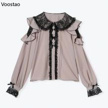 Kawaii lolita schwarz rosa hemden y2k ästhetische japanische frauen gotische spitze rüschen langarm blusen elegante mädchen süße oberteile