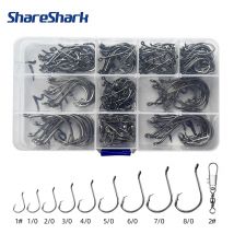 ShareShark 170 Stück/Box 7384 Oktopushaken aus Hartstahl mit Ringen, Angelhaken mit Widerhaken und drehbarem Anschluss-Set