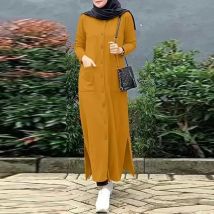 Frauen Mode Lose Beiläufige Solide Einreiher Lange Hemd Kleid Oansatz Langarm Kaftan Muslimischen Femme Türkei Vestido Kaftan