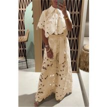 Elegante frauen Sets Sexy Spitze Hohl Hemd Kurze Top + Breite bein Hosen Zwei Stück Set Frauen anzüge Mode Einfarbig Sets Weibliche