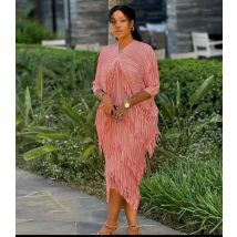 2024 Miyake Pleated Fringed V-neck Bat Sleeve Dress Fashion Western-style Loose Women's Casual Party Western Fringed Vestido