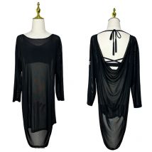 Neue Latin Dance Mesh Backless Lose Schwarz Kleid Mit Langen Ärmeln Praxis Kleidung Frauen Rumba Modern Dance Kleidung Erwachsene DNV20016