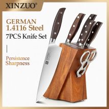 XINZUO 7-teiliges Küchenmesser-Set, geschmiedet, deutscher 1,4116 Edelstahl, scharf, Chef, Santoku, Schälbeil, Küchenschere, Werkzeugset