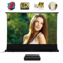 Ekran projekcyjny elektryczny 2026 Hot 150 Max z napędem, podnoszony z podłogi, ALR (odporzucający światło otoczenia), do projekcji UST Laser TV 3D 8K