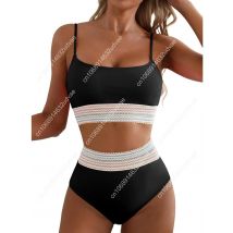 Women's Bikini Sets Colorblock Trim 2 Piece High Waisted Swimsuit Scoop Neck Adjustable Spaghetti Straps Bathing Suit