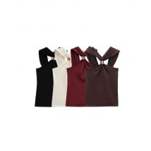 TRZA Moda damska Dzianinowy podkoszulek z dekoltem w szpic Złote aplikacje Szerokie ramiączka Camisole Kobiecy top