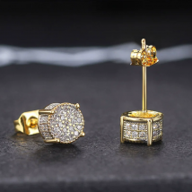 Hip Hop Punk Rock Full Inlaid Zircon Rhinestone Round Stud Earrings 925 Sterling Silver Women&Men Unisexual Golden Ear Jewelry