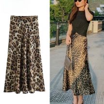 Damen Leopardenmuster Damen Midirock Hohe Taille Stilvolle lange Röcke für Frauen Herbst Vintage Satinrock Frau Elegante Röcke